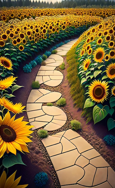 Ein Bild eines Sonnenblumengartens mit einem kurvenreichen Steinweg