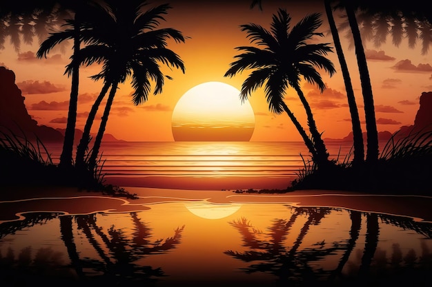 Foto ein bild eines sonnenuntergangs mit palmen im vordergrund