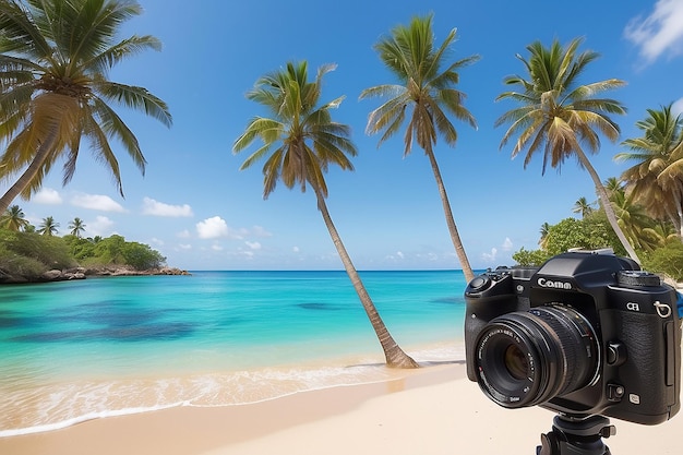 Ein Bild eines Strandes mit Palmen und einer Kamera