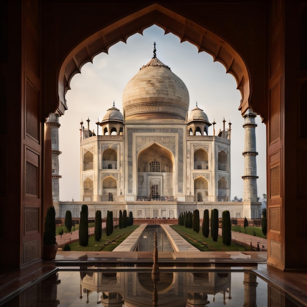 Ein Bild eines Taj Mahal mit einer Reflexion des Himmels im Wasser