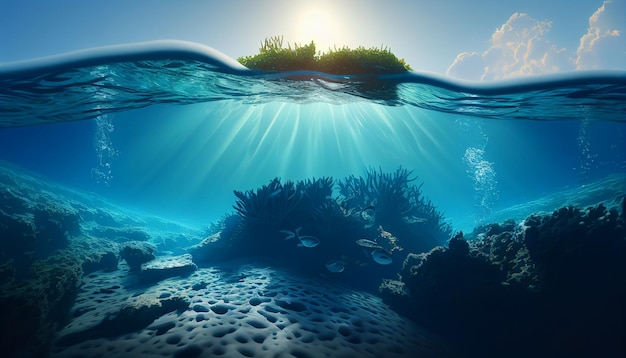 Ein Bild eines tropischen Ozeans mit einer grünen Insel und der Sonne, die durch das Wasser scheint