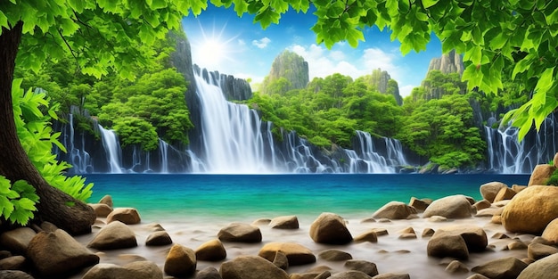 Ein Bild eines tropischen Strandes mit einem Wasserfall und der Sonne, die durch die Bäume scheint.