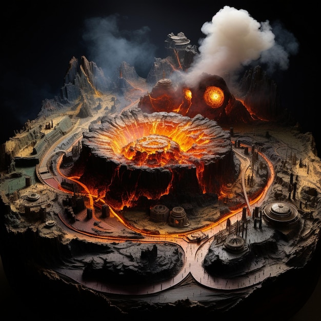 ein Bild eines Vulkans mit einer Feuergrube in der Mitte.