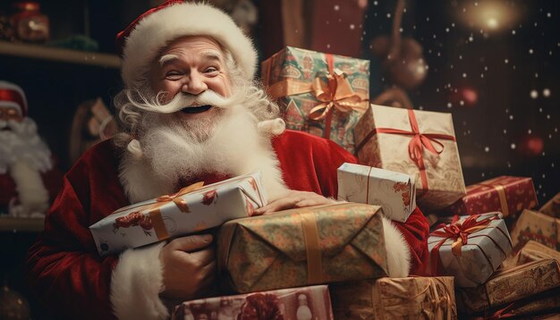 ein Bild eines Weihnachtsmanns, der Geschenke hält und hinter sich lächelt, in der Art der kitschigen Ästhetik
