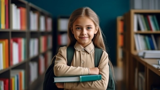 Ein Bild eines weißen Schulmädchens mit Rucksack. Im Klassenzimmer hält das Mädchen einen Stapel Lehrbücher. Die generative KI