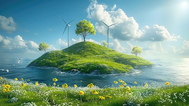 ein Bild eines Windparks mit einem Feld von Blumen und Bäumen