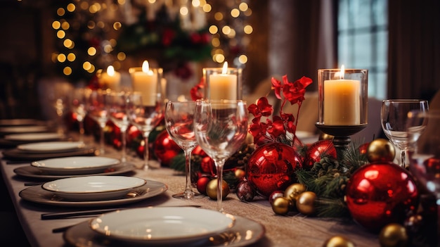 Ein Bild eines wunderschön gedeckten Esstisches mit festlicher Weihnachtsdekoration
