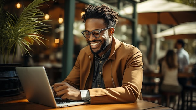 Ein Bild eines zeitgenössischen afroamerikanischen Mannes mit einem Laptop, während er an einem Café-Tisch sitzt