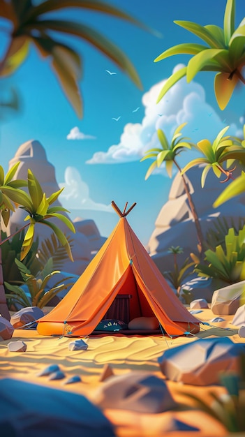 ein Bild eines Zeltes mit einem Vogel darauf Camping in der Wüste 3D-Rendering Illustration Wüstenreise