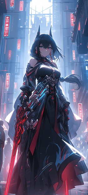 Ein Bild im Anime-Stil eines Cyberpunk-Mädchens, das ein Katana schwingt