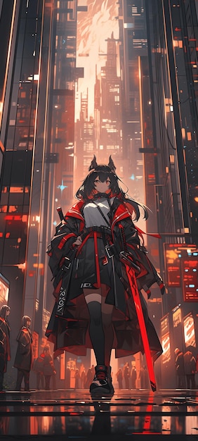 Ein Bild im Anime-Stil eines Cyberpunk-Mädchens, das ein Katana schwingt