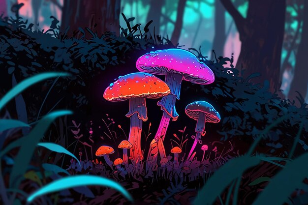 Ein Bild von Amanita Muscaria Pilzen im Neon-Stil