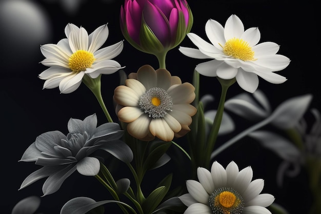 Ein Bild von Blumen mit einer von ihnen hat eine lila Blume.