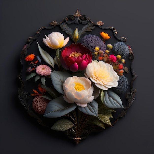 Ein Bild von Blumen und Beeren mit dunklem Hintergrund