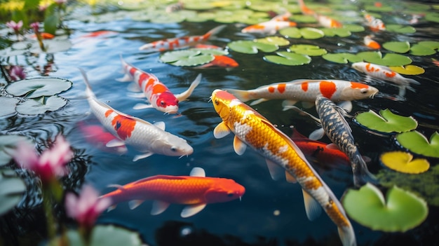 Ein Bild von bunten KoiFischen, die anmutig in einem traditionellen