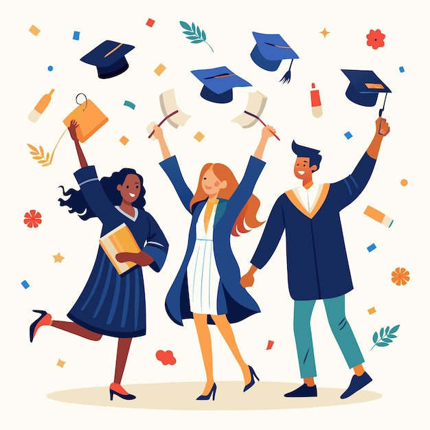 ein Bild von drei Personen mit erhobenen Armen und den Worten Graduates