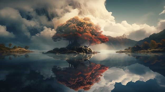 Ein Bild von einem Baum mit einem bewölkten Himmel und einer Wolke, die "das Ende der Welt" sagt