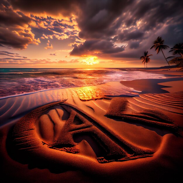 Ein Bild von einem Strand mit dem Wort ak im Sand geschrieben.