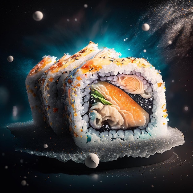 Ein Bild von einem Sushi mit blauem Hintergrund und einer weißen Lichtkugel dahinter.