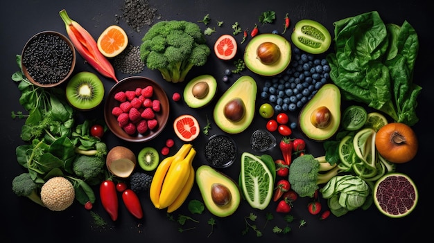 ein Bild von einem Teller mit Obst und Gemüse mit schwarzem Hintergrund und einer Schüssel mit Obst in der Mitte.