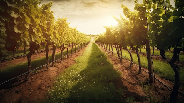 Ein Bild von einem Weinberg mit einem bewölkten Himmel im Hintergrund.