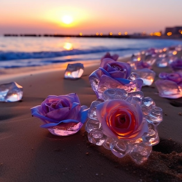 Ein Bild von Eiswürfeln am Strand bei Sonnenuntergang.