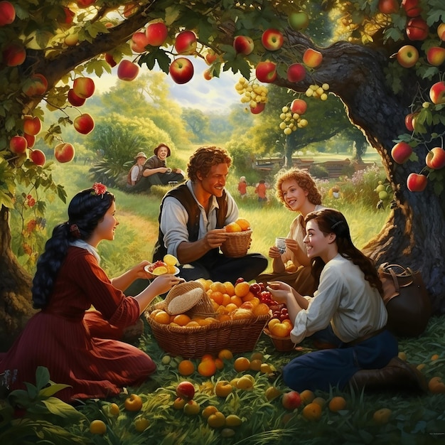 Ein Bild von Familienmitgliedern zusammen in einem Obstgarten mit Äpfeln und Äpfel.