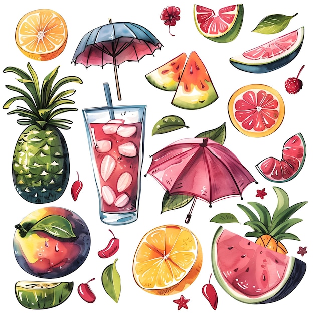 ein Bild von Früchten und ein Bild von einem tropischen Getränk