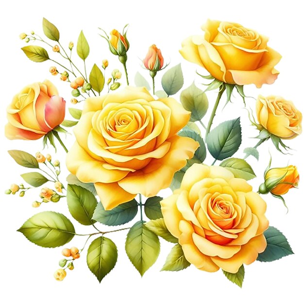 ein Bild von gelben Rosen mit grünen Blättern und rosa Blüten
