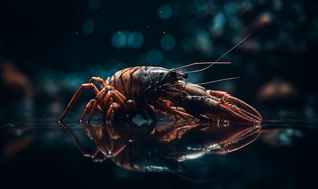 Ein Bild von großen Garnelen sitzend Eine Nahaufnahme eines Hummers auf einer reflektierenden Oberfläche