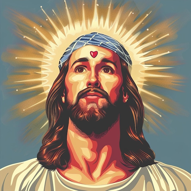 ein Bild von Jesus mit einem Herz auf dem Kopf