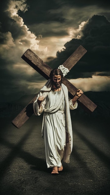 ein Bild von Jesus mit einem Kreuz in den Händen