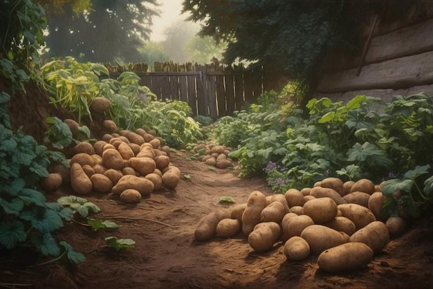 Ein Bild von Kartoffeln in einem Garten mit einem Zaun im Hintergrund.