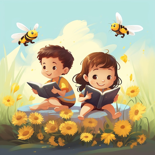 ein Bild von Kindern, die Bücher lesen, und von den Bienen, die lesen