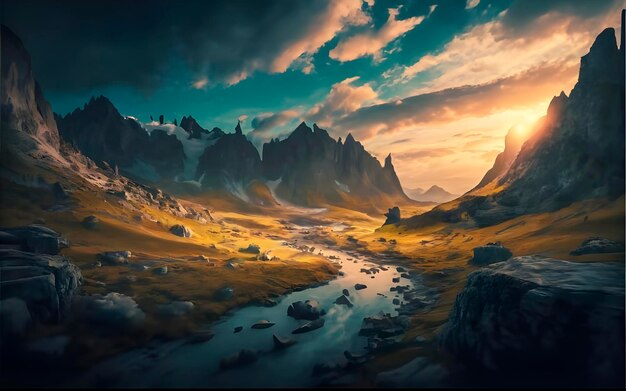 Ein Bild von Landschaft mit Hügeln und Sonnenuntergang ai erzeugt