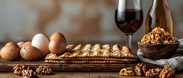 Ein Bild von Matzo-Ei-Walnüssen und Wein für die Feier des Passchs auf weißem Hintergrund