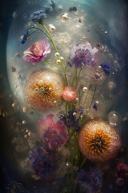 ein Bild von mehreren Blumen in einem mit Wasser gefüllten Gefäß