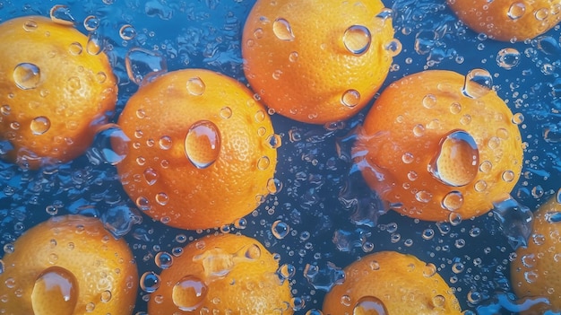 Ein Bild von Orangen in einem blauen Wasser.