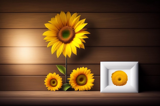 Ein Bild von Sonnenblumen auf einem Holztisch