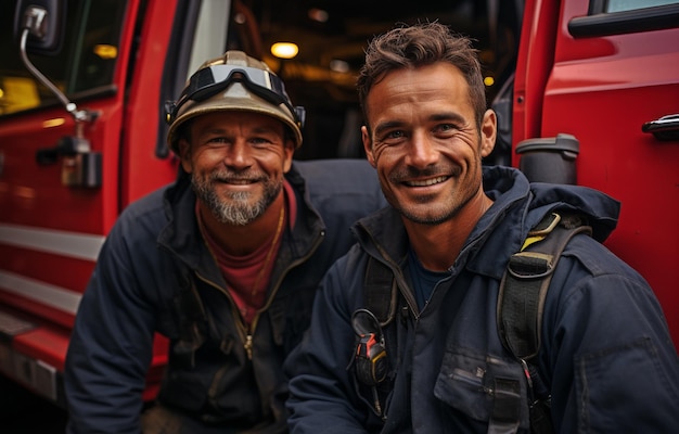 ein Bild von zwei Feuerwehrleuten vor einem Feuerwehrwagen