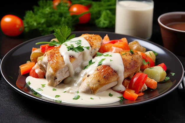 Ein Bilderbuchgenuss mit Hühnerfleisch in cremiger weißer Sauce und Gemüse auf einem Teller
