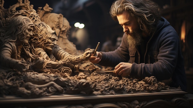Ein Bildhauer arbeitet an einem Meisterwerk mit Hintergrundbild