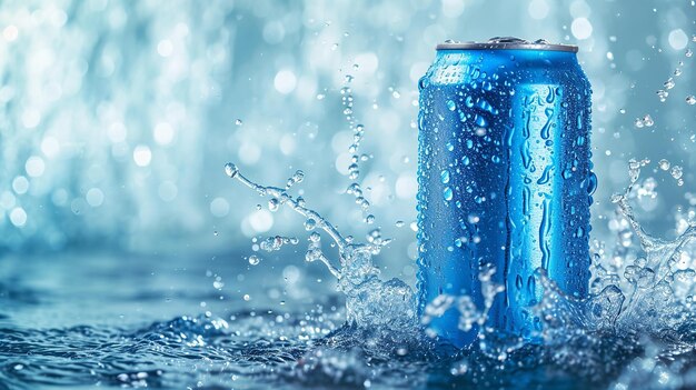 Ein bildliches Modell eines Produkts mit einer blauen Soda-Dose und einem Wasserkaskadenraum Generative KI