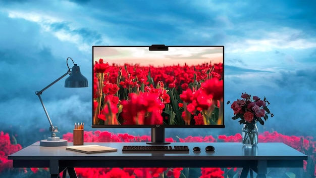 ein Bildschirm mit einem Bild von Blumen und einem Laptop