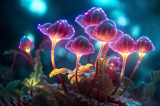 Ein biolumineszierender außerirdischer Kristallwald mit Blumen, biolumineszierenden fleischfressenden Pflanzen AI Generative