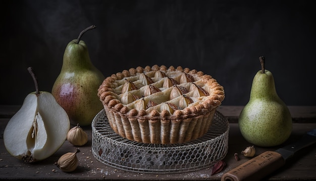 Ein Birnenkuchen sitzt auf einem Tisch mit anderen Birnen und Zimtstangen.