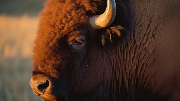 Ein Bison mit roter und brauner Nase steht auf einem Feld.