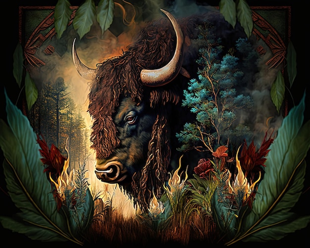 Ein Bison mit Waldhintergrund und ein Baum mit Blättern und dem Wort Bison darauf.