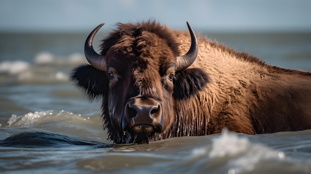 Ein Bison schwimmt im Wasser.