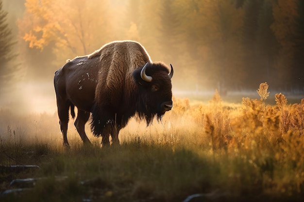 Ein Bison steht auf einem Feld im Yellowstone-Nationalpark.